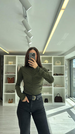 HAKİ BÜZGÜ DETAYLI BLUZ