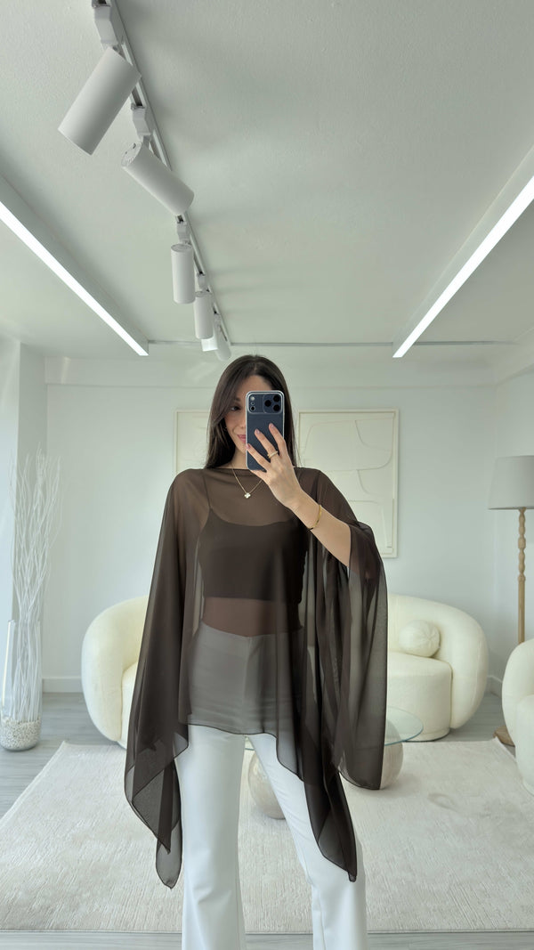 KAHVE ŞİFON PELERİN BLUZ