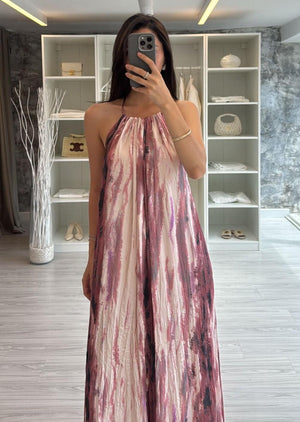 HALTER YAKA DESENLİ MAXİ ELBİSE