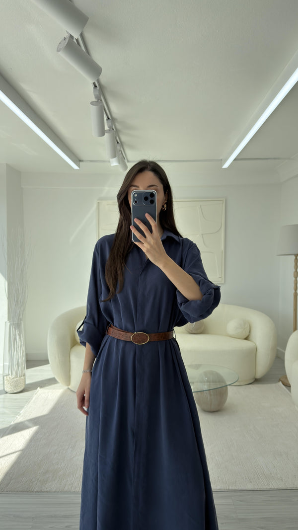 LACİVERT KEMERLİ GÖMLEK ELBİSE
