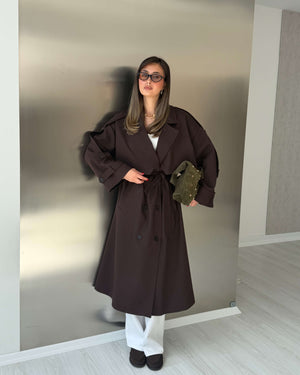 KAHVERENGİ OVERSIZE UZUN TRENÇKOT - 1142