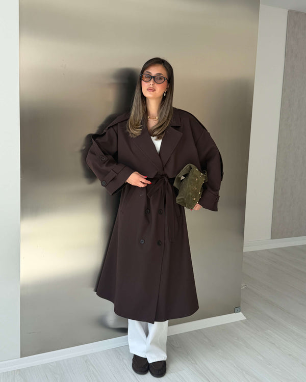 KAHVERENGİ OVERSIZE UZUN TRENÇKOT - 1142