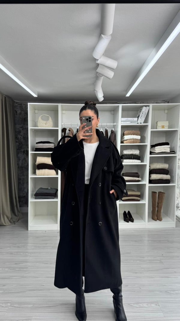 SİYAH NORA DÜĞMELİ OVERSİZE KABAN
