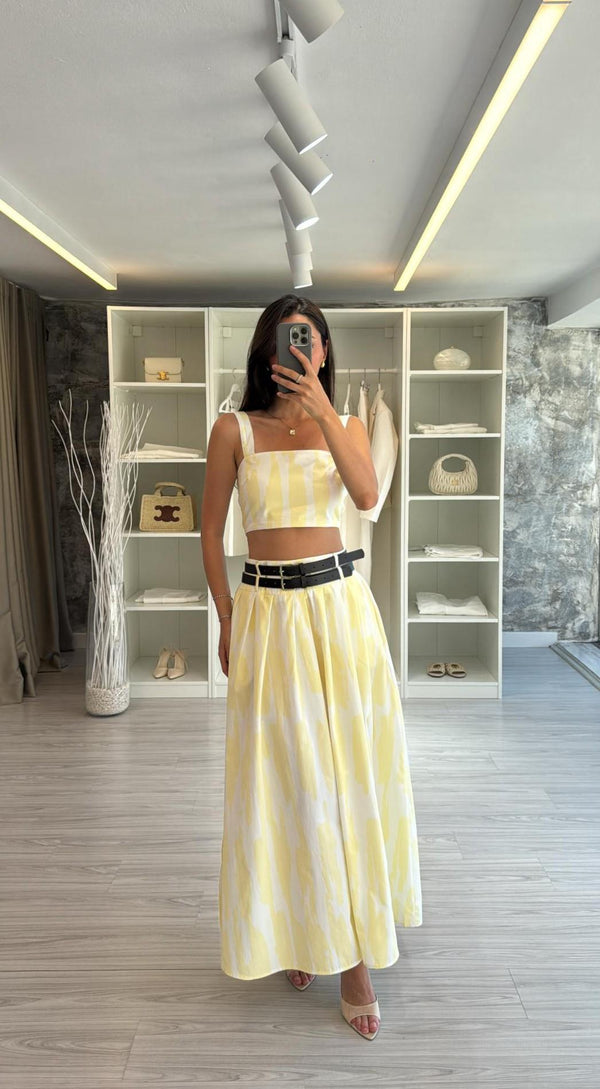 SARI BEYAZ ÇİFT KEMERLİ DESENLİ TAKIM