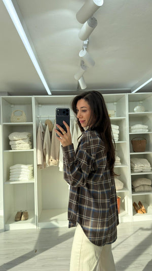 KAHVERENGİ OVERSIZE EKOSELİ ODUNCU GÖMLEK