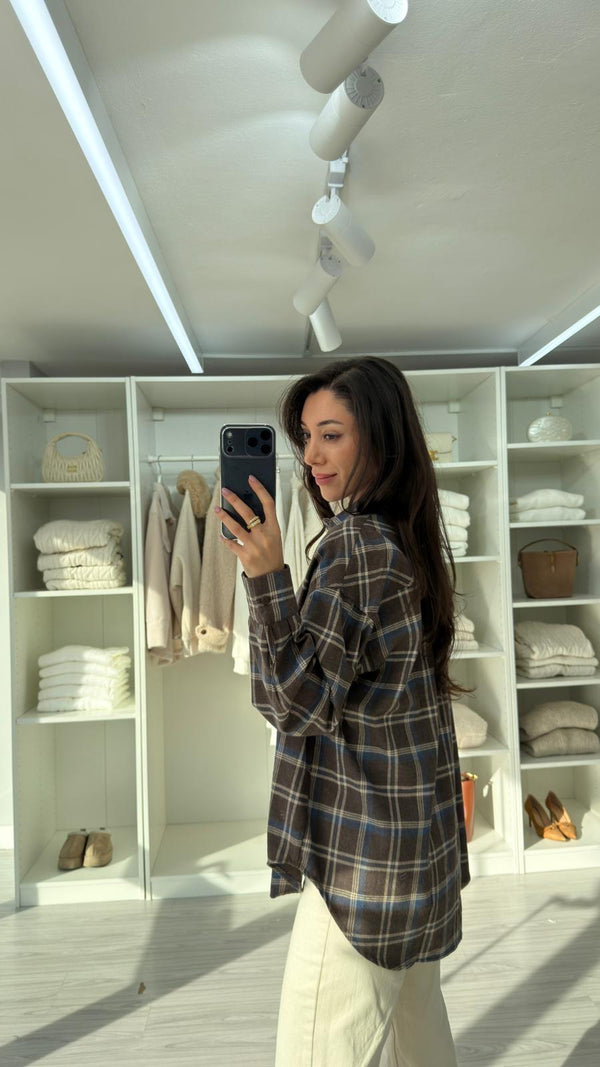KAHVERENGİ OVERSIZE EKOSELİ ODUNCU GÖMLEK