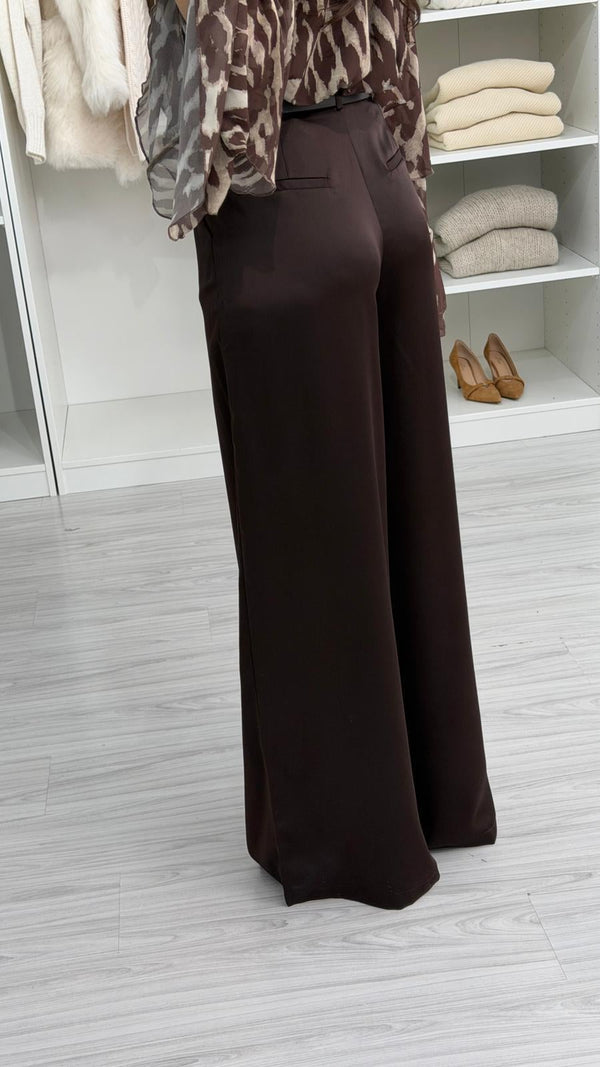 KAHVERENGİ KEMERLİ SATEN PANTOLON