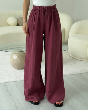 BORDO PAÇA DETAYLI KETEN PANTOLON