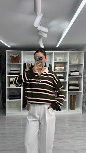 HAKİ BORDO POLO YAKA ÇİZGİLİ TRİKO