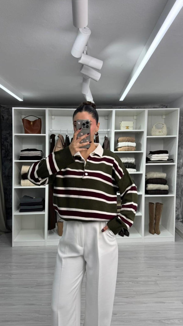 HAKİ BORDO POLO YAKA ÇİZGİLİ TRİKO