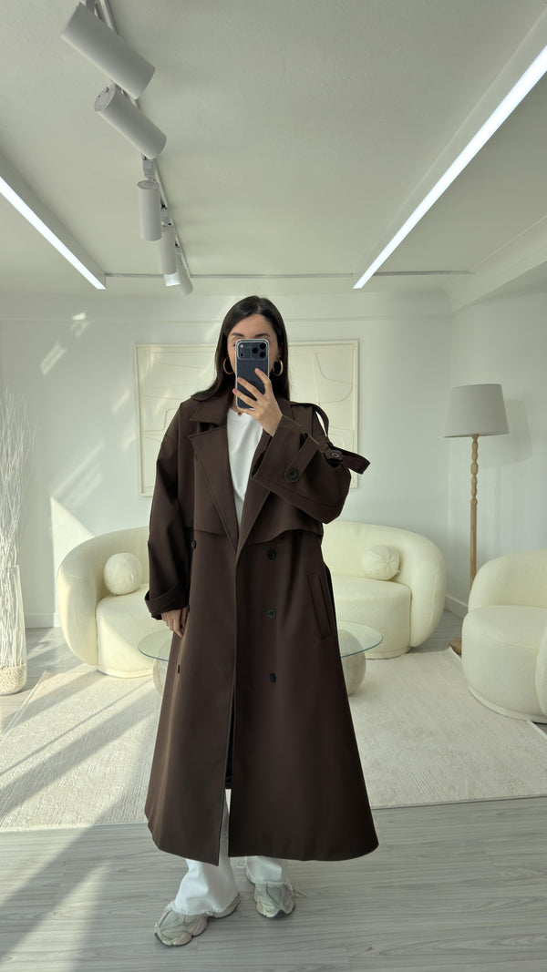 KAHVERENGİ OVERSIZE UZUN TRENÇKOT