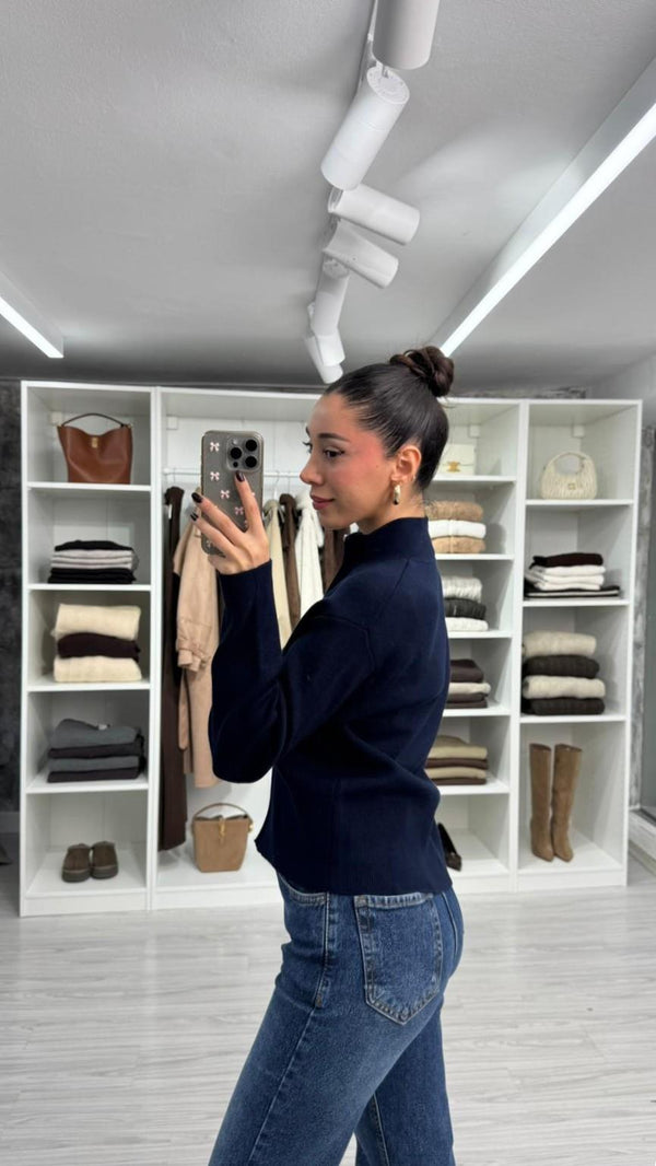 LACİVERT ÇİFT FERMUARLI TRİKO HIRKA