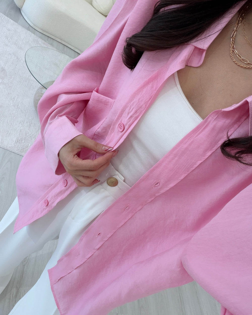 ŞEKER PEMBE OVERSIZE TENSEL GÖMLEK