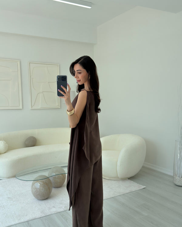 KAHVERENGİ BONCUK DETAYLI BLUZ TAKIM