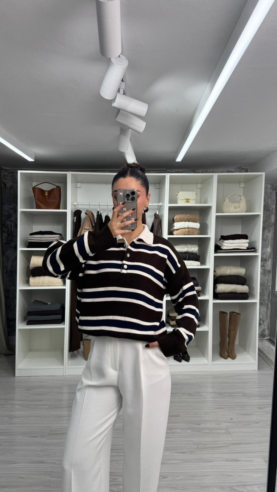 KAHVE LACİVERT POLO YAKA ÇİZGİLİ TRİKO
