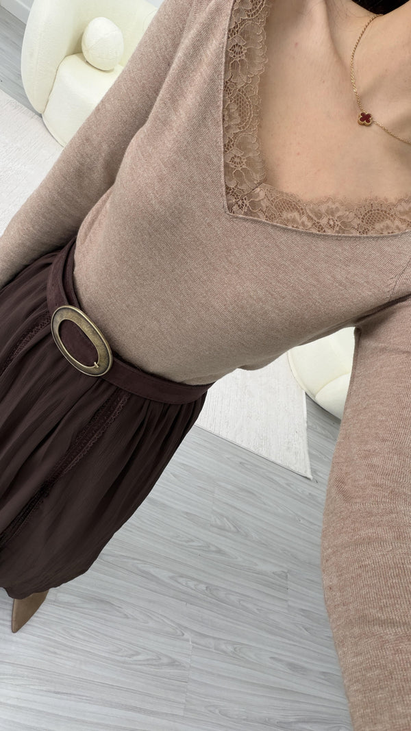 CAMEL DANTEL DETAYLI BLUZ