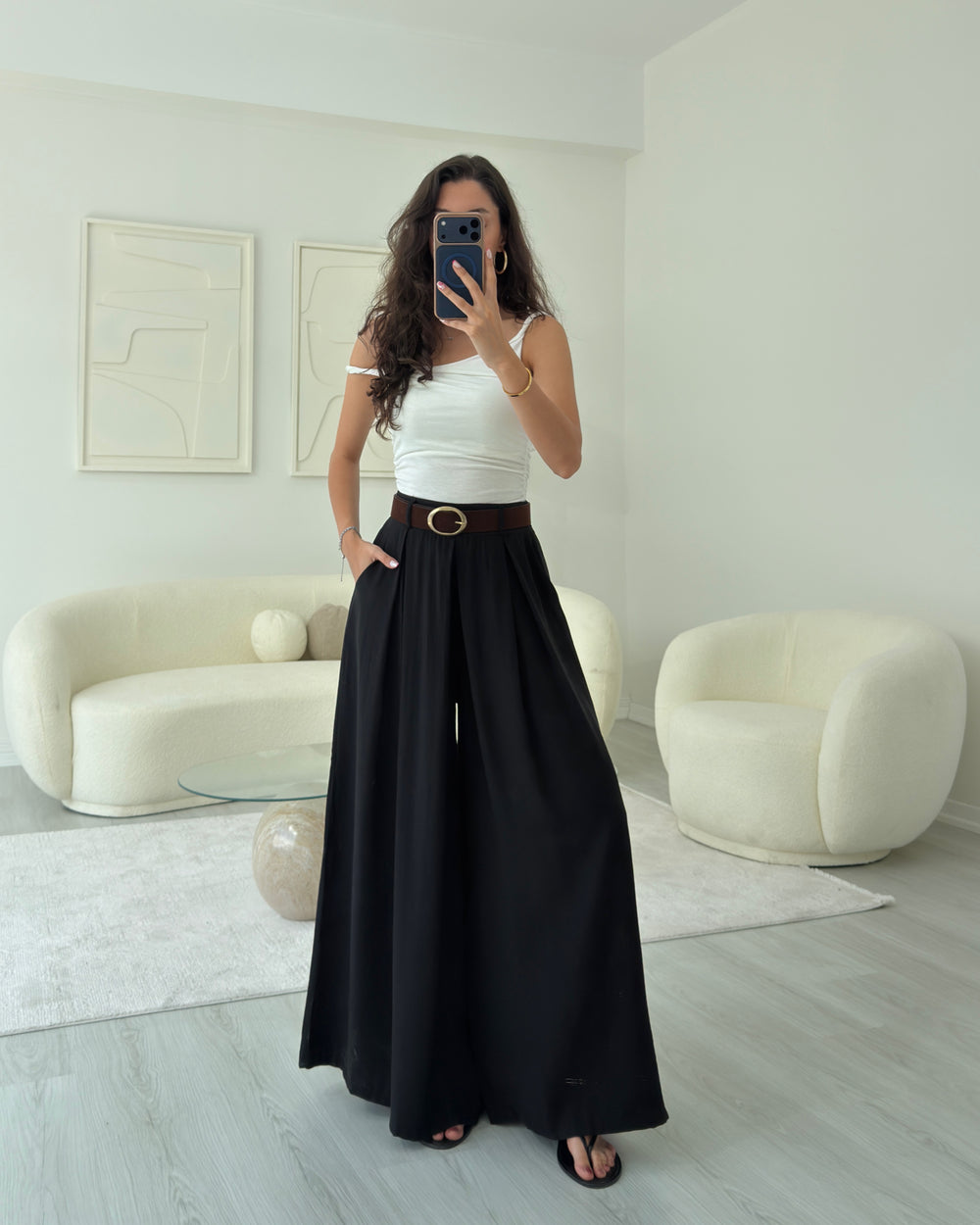 SİYAH KEMERLİ ETEK PANTOLON