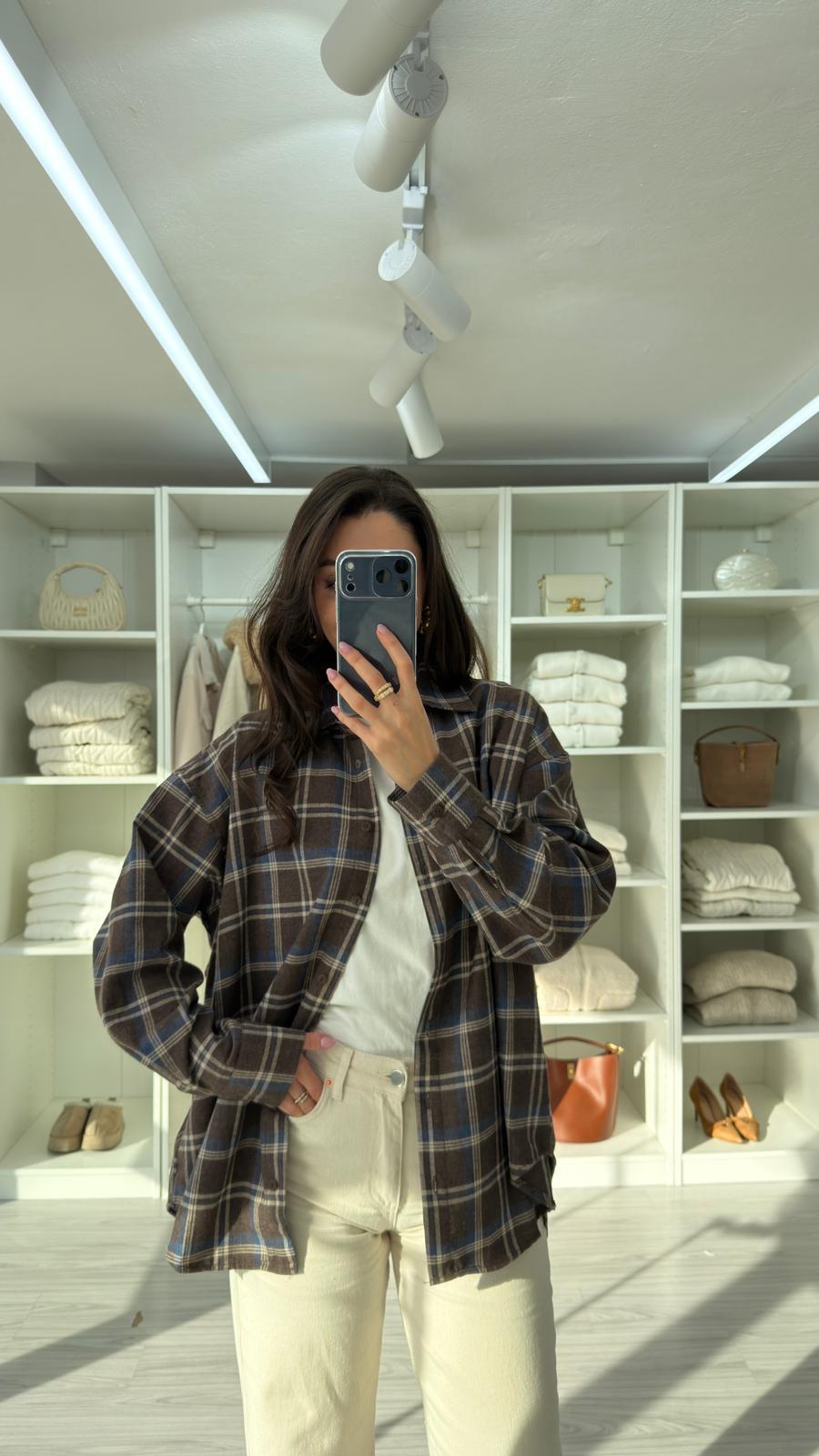 KAHVERENGİ OVERSIZE EKOSELİ ODUNCU GÖMLEK
