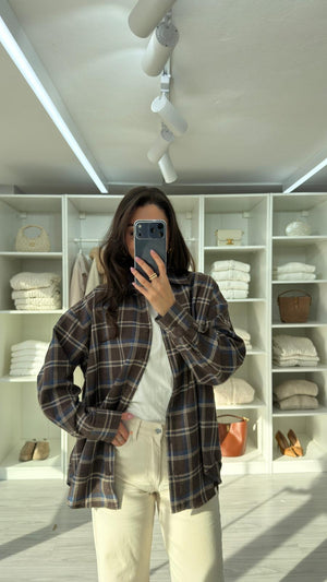 KAHVERENGİ OVERSIZE EKOSELİ ODUNCU GÖMLEK