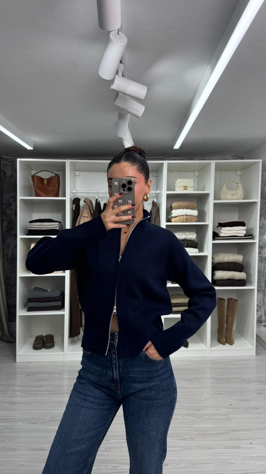 LACİVERT ÇİFT FERMUARLI TRİKO HIRKA