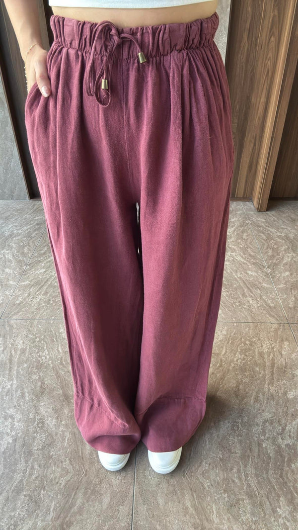 BORDO PAÇA DETAYLI KETEN PANTOLON