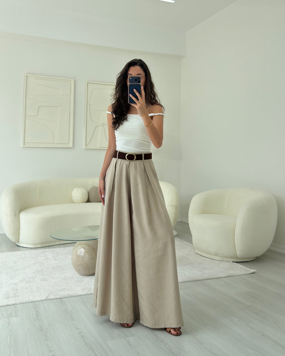 BEJ KEMERLİ ETEK PANTOLON