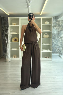 KAHVERENGİ SATEN BLUZ PANTOLON TAKIM