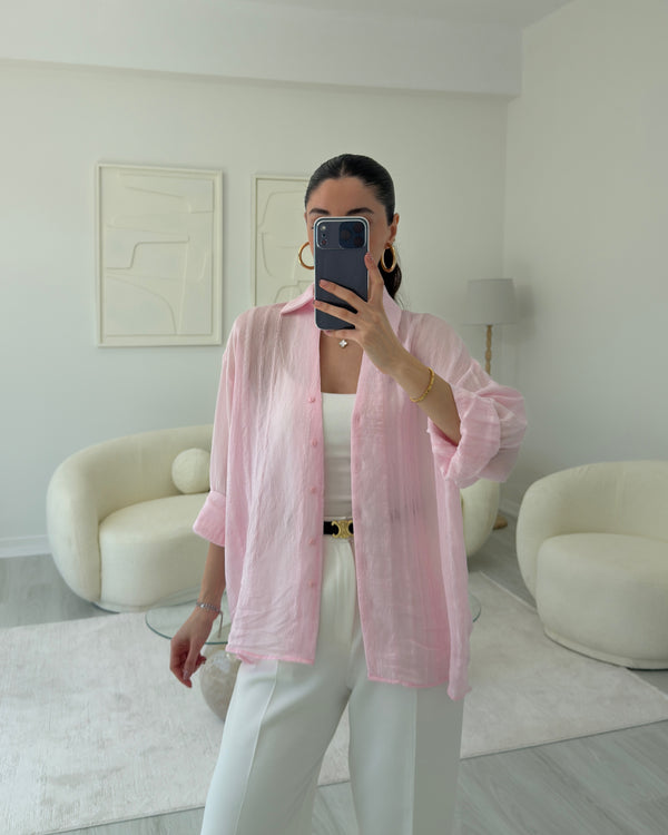 PEMBE TRANSPARAN KENDİNDEN DESENLİ GÖMLEK