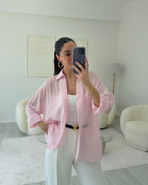 PEMBE TRANSPARAN KENDİNDEN DESENLİ GÖMLEK