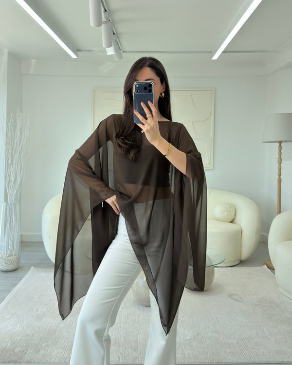 KAHVE ŞİFON PELERİN BLUZ