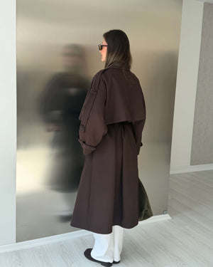 KAHVERENGİ OVERSIZE UZUN TRENÇKOT - 1142