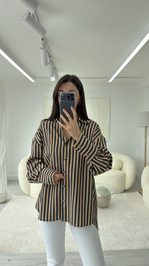 CAMEL LACİVERT ÇİZGİLİ GÖMLEK