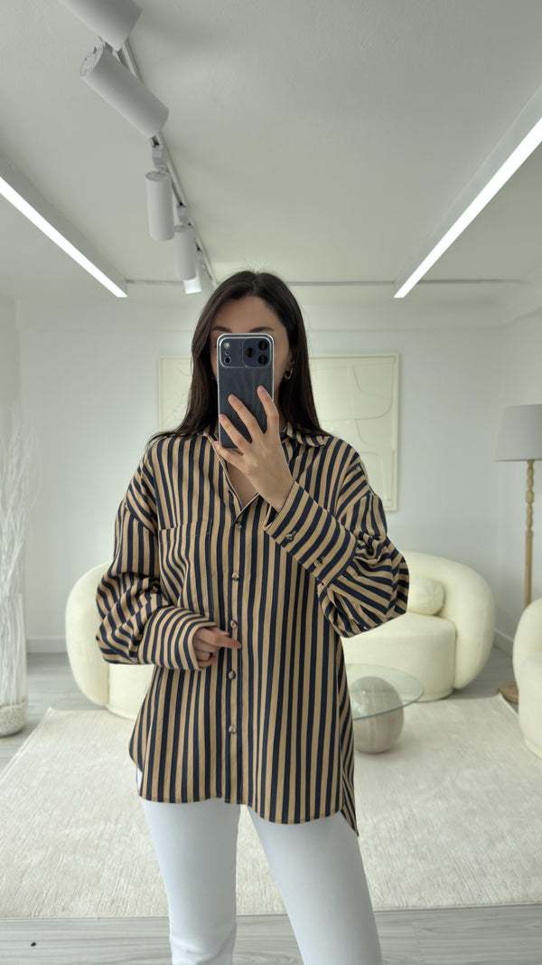 CAMEL LACİVERT ÇİZGİLİ GÖMLEK