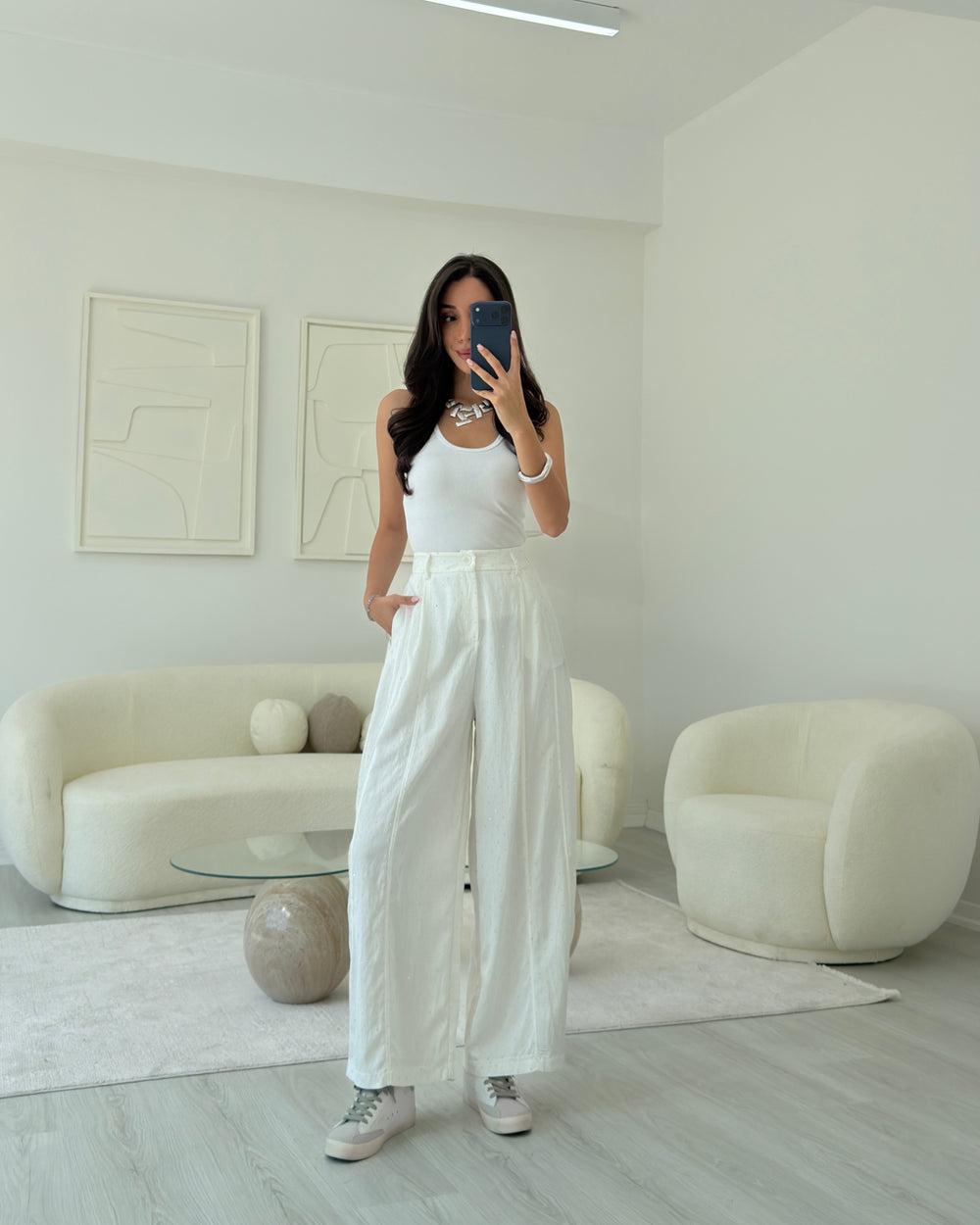 BEYAZ BAGGY TAŞLI PANTOLON