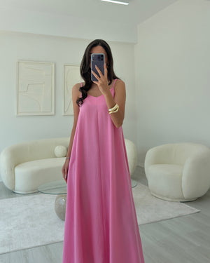 PEMBE ASKILI MAXİ SALAŞ ELBİSE