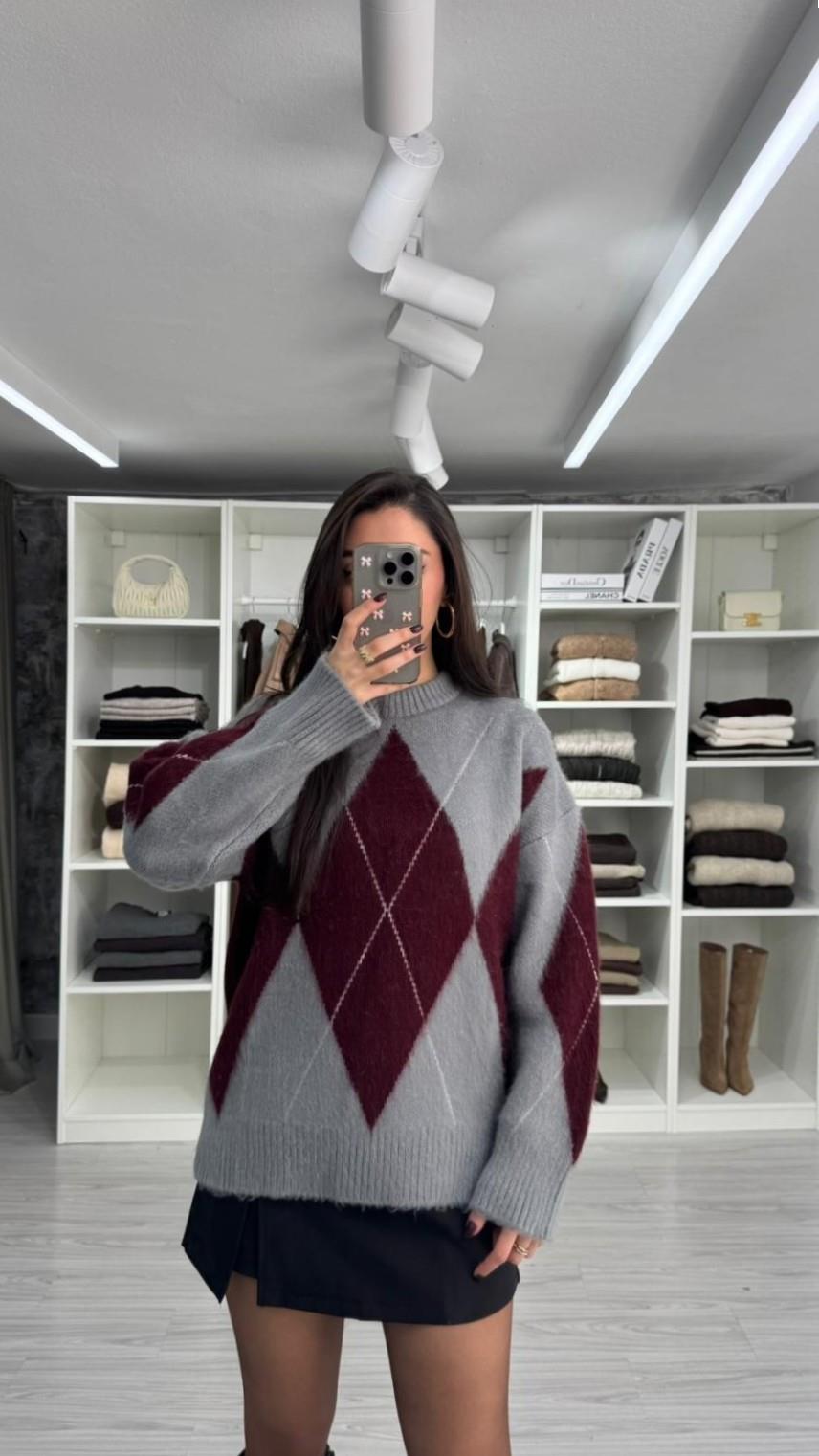 BORDO GRİ BAKLAVA DESEN TRİKO KAZAK