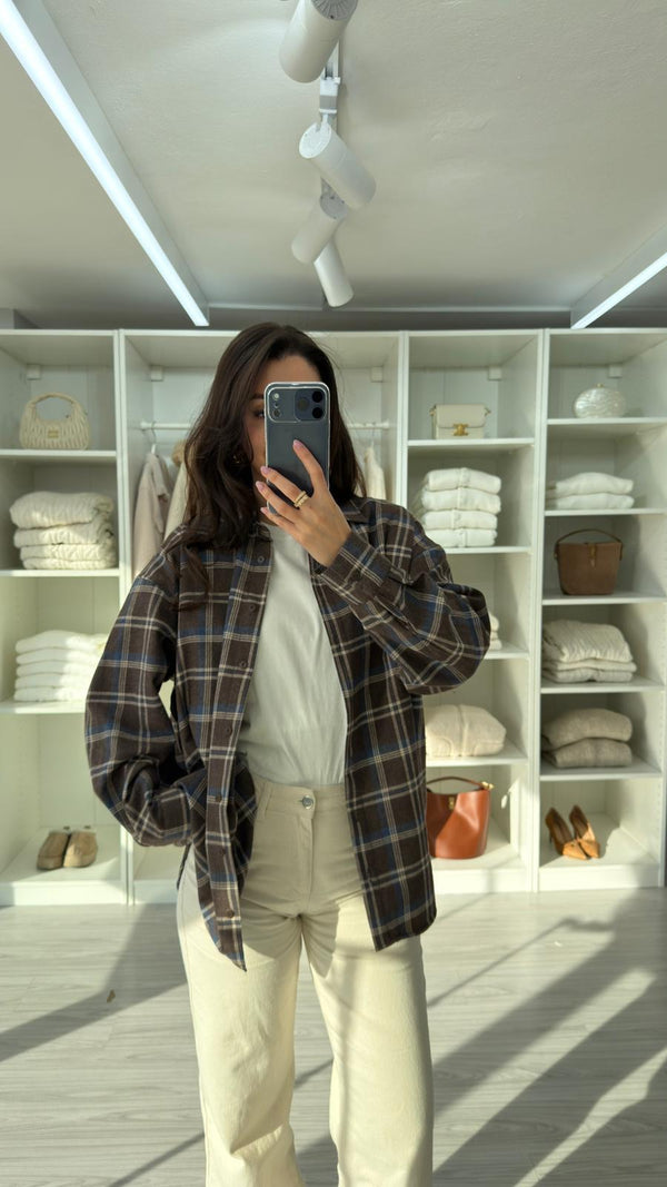 KAHVERENGİ OVERSIZE EKOSELİ ODUNCU GÖMLEK