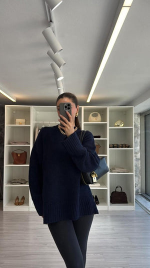 LACİVERT OVERSIZE BİSİKLET YAKA KAZAK