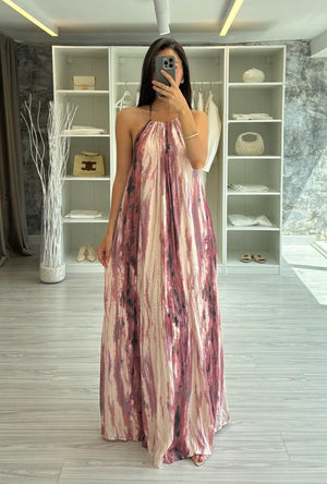 HALTER YAKA DESENLİ MAXİ ELBİSE