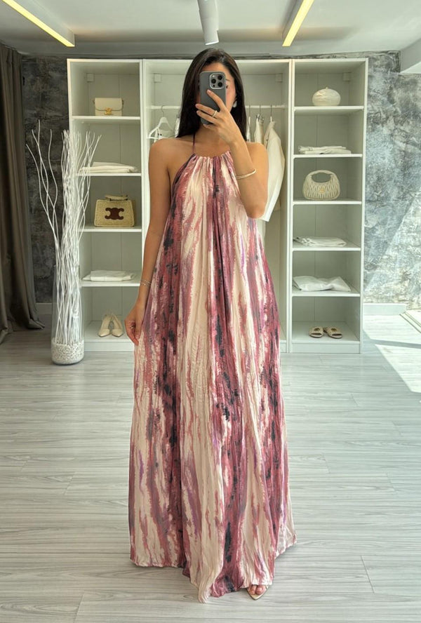 HALTER YAKA DESENLİ MAXİ ELBİSE