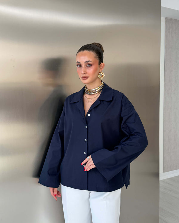 LACİVERT OVERSIZE POPLİN GÖMLEK - 1132