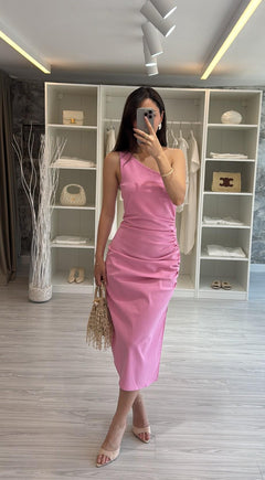 PEMBE TEK OMUZ ELBİSE
