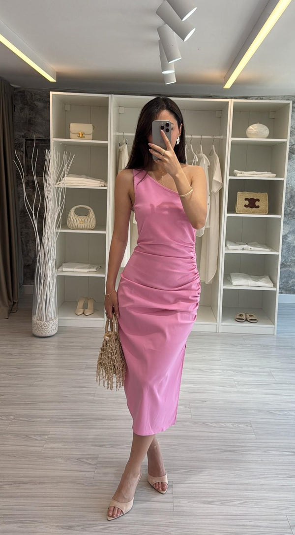 PEMBE TEK OMUZ ELBİSE