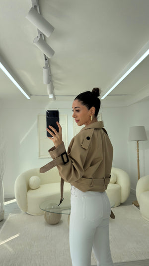 CAMEL KUŞAKLI CROP TRENÇKOT