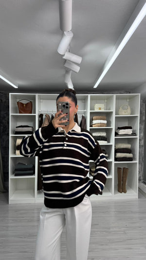 KAHVE LACİVERT POLO YAKA ÇİZGİLİ TRİKO