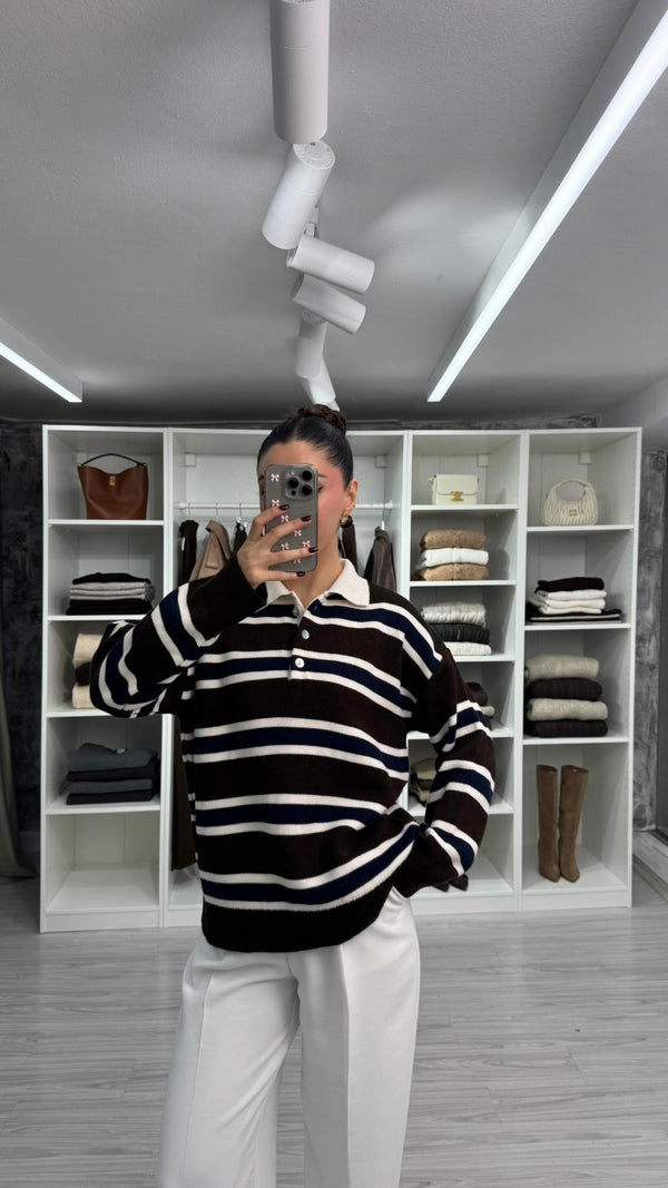KAHVE LACİVERT POLO YAKA ÇİZGİLİ TRİKO