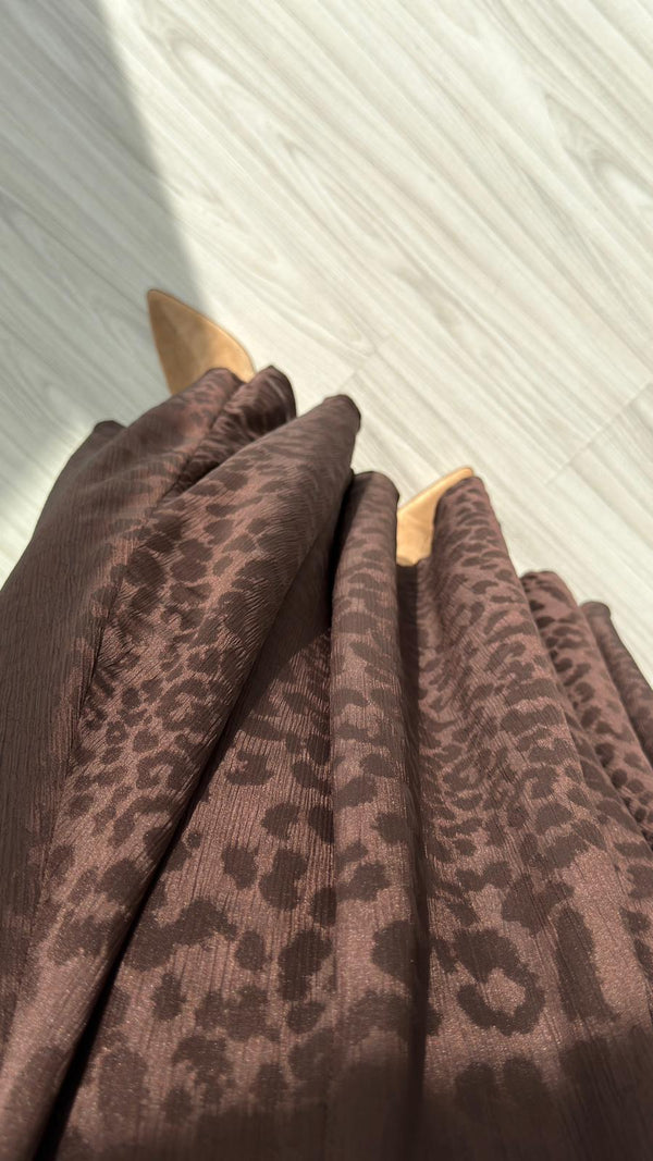 KAHVERENGİ LEOPAR DESENLİ SATEN ETEK