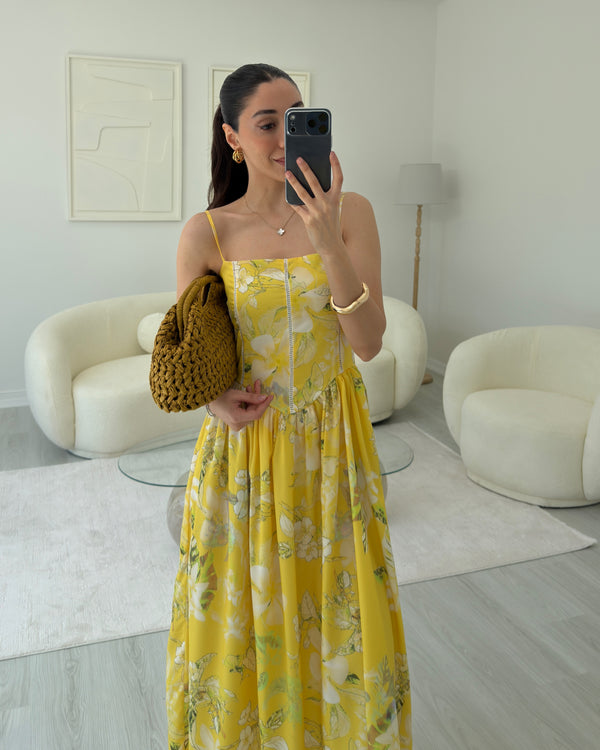 SARI ÇİÇEK DEDENLİ KORSE ELBİSE