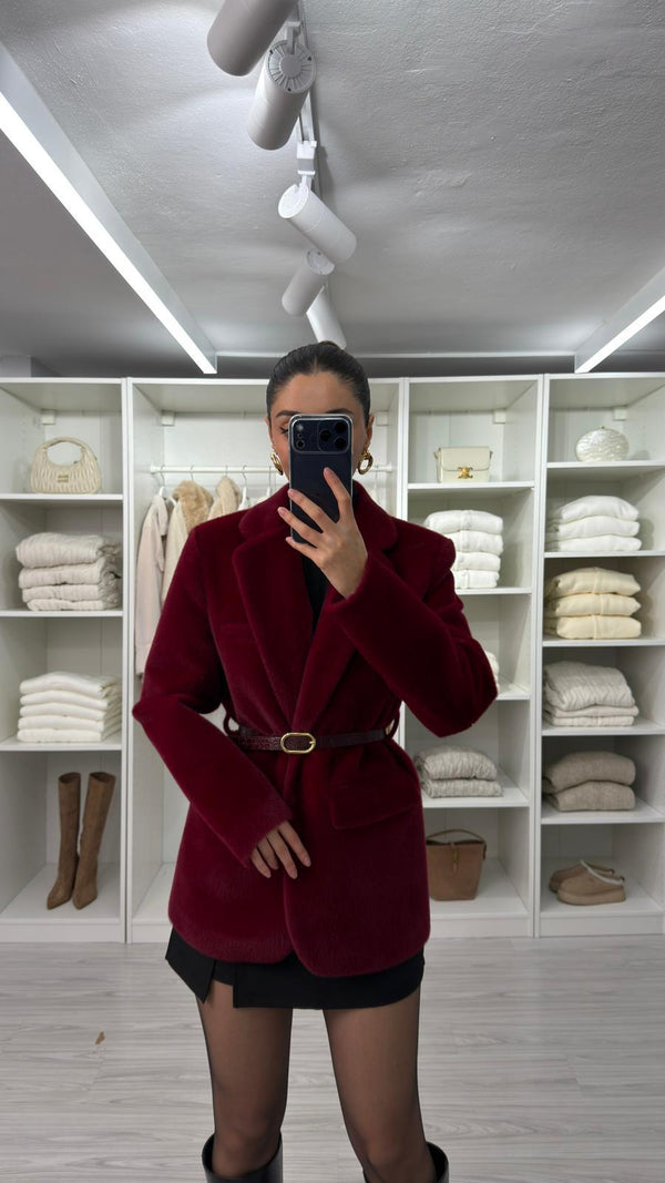 BORDO YUMUŞAK DOKULU KEMERLİ CEKET