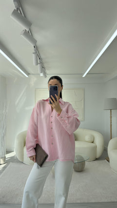 PEMBE ÇİZGİLİ OVERSİZE GÖMLEK